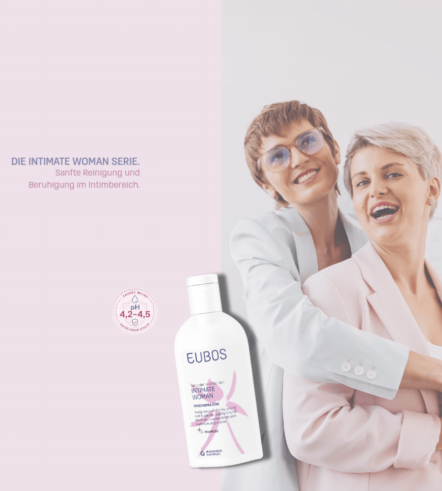EUBOS Intimate Woman Waschemulsion. Weiße Flasche mit Logo und Text. Text: pH-Wert, gynäkologisch getestet.